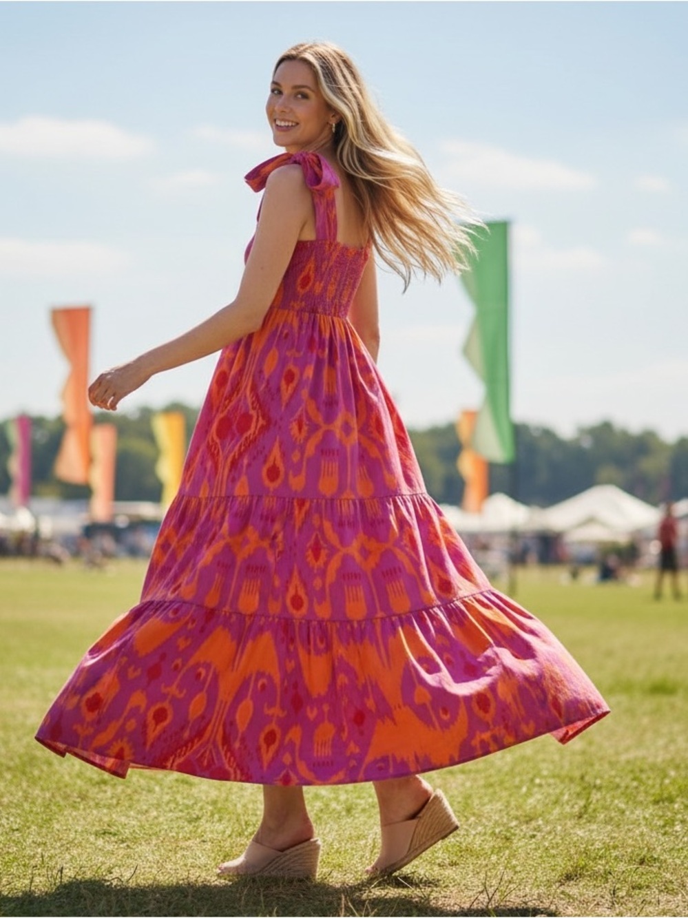 Sheridan French NEW Kelly Maxi Bow Dress in Sunset Ikat Purple Orange Size S